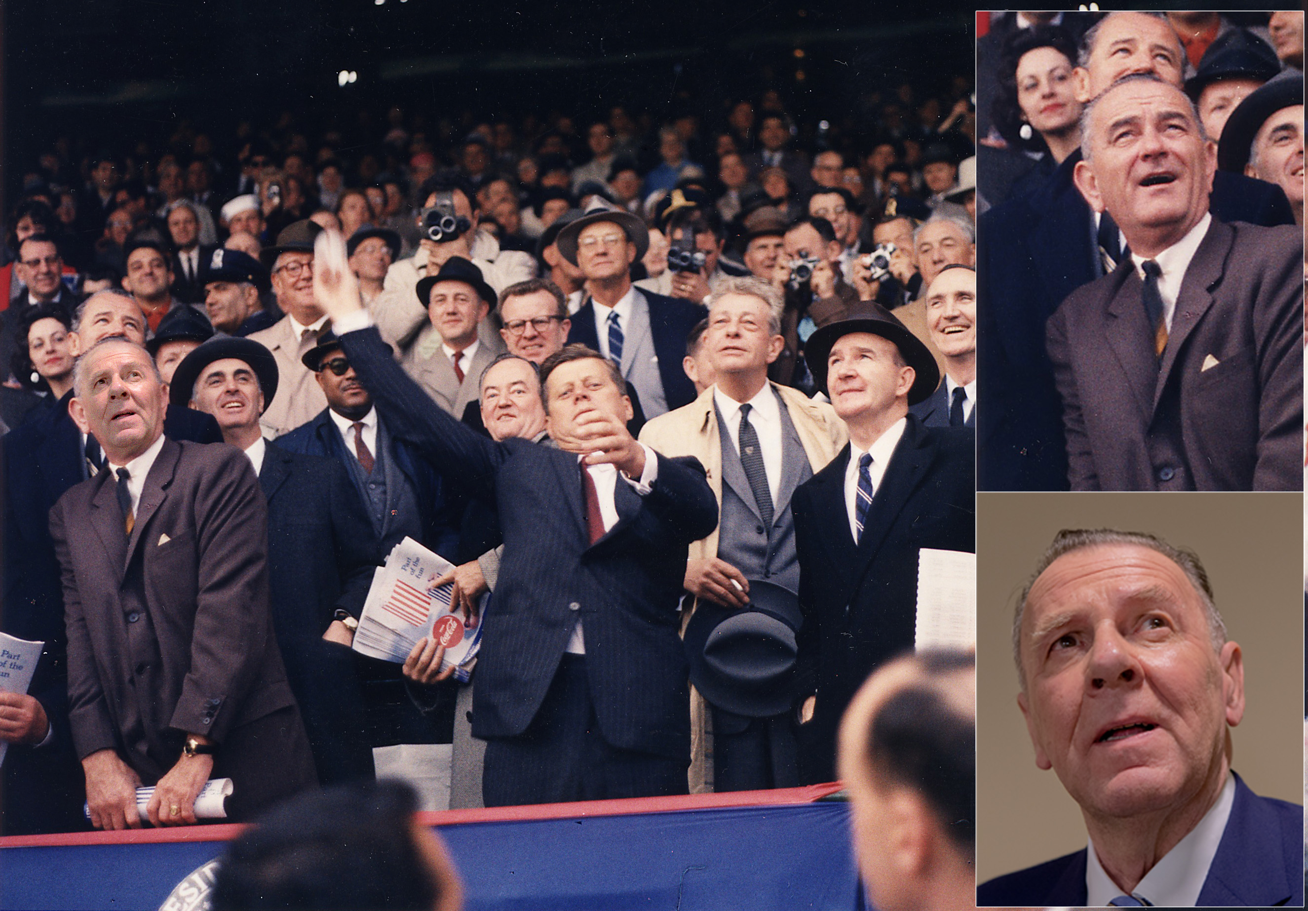 Retouching_aaaOpening_Day_of_1961_Baseball_Season._President_Kennedy_throws_out_first_ball._first_row_Vice_President_Johnson..._-_NARA_-_194197_JJ